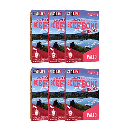 LonoLife Grass-Fed Tomato Beef Bone Broth Powder with 10g Protein, Paleo and Keto Friendly, Gluten-Free, Portable Individual Packs, 24 Servings (Equal to 192 ounces of broth) 24 Count