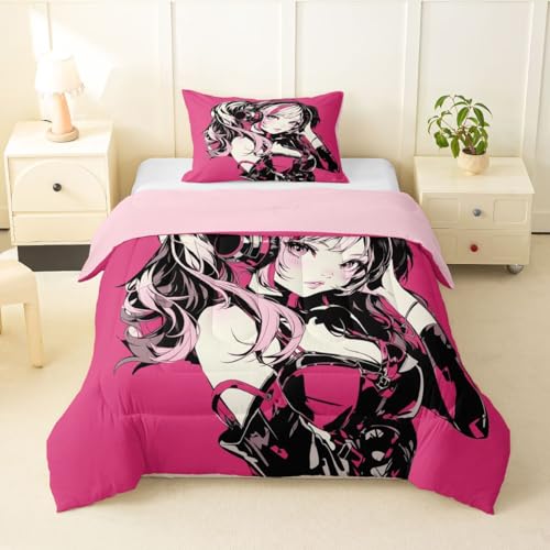 Image of Erosebridal Pink Anime Girls Bedding Cartoon Japanes-Style Comforter Set Twin, Graffiti Street Culture Bed Comforter Set for Kids Teens Youth Watercolor Hippie Style Duvet Set 2Pcs