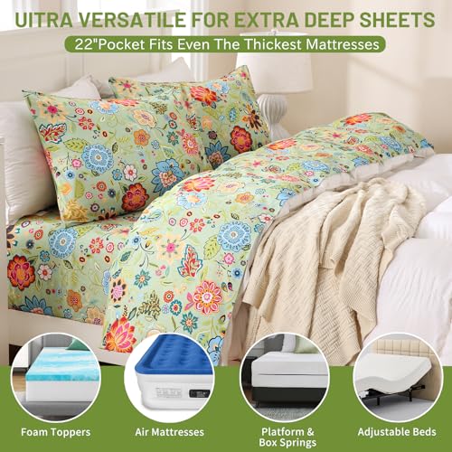 Image of Bedlifes Floral Pattern Bed Sheet Set King Size, 18-24 inch Extra Deep Pocket | Ultra Soft Microfiber, Breathable & Silky, OEKO-TEX Certified, Easy-Care Machine Washable, 4PCS, All-Season Spring Bedding