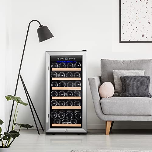 Image of BODEGA 15 Inch Wine Fridge, 30 Bottles Dual Zone Wine Cooler, 41-68F Wine Refrigerators Free standing, Soft LED Dual Zone Wine Fridge, Built-in or Freestanding for Home /Bar /Kitchen (3.2 cu.ft), Black