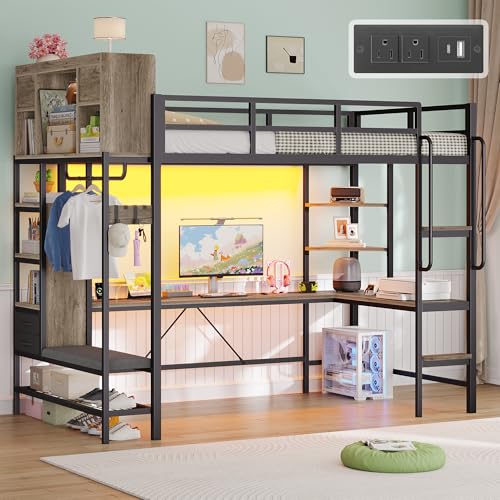 busyaeh Loft Bed with Hall Tree, Twin Loft Bed with Desk, Storage Headboard & 2 Drawers, Twin Size...