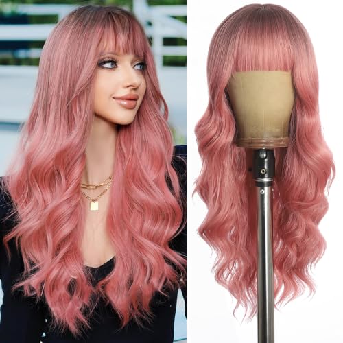 Pink Wig with Bangs Long curly wavy Wigs for Women 26IN Synthetic wig