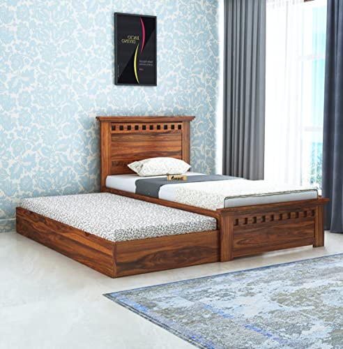 Image of Ganpati Arts Sheesham Wood Armania Single Size Trundle Bed with 1 Extra Pullout Bed for Bedroom Living Room Hostel Home (Natural Finish)