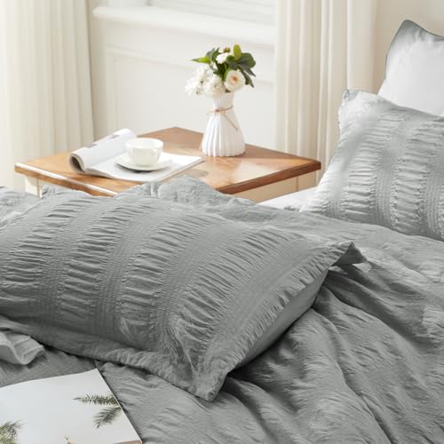 Image of Zzlpp Full Comforter Set 7 Pieces, Grey Seersucker Bed in a Bag with Comforter and Sheets, All Season Bedding Sets with 1 Comforter, 2 Pillow Shams, 2 Pillowcases, 1 Flat Sheet, 1 Fitted Sheet