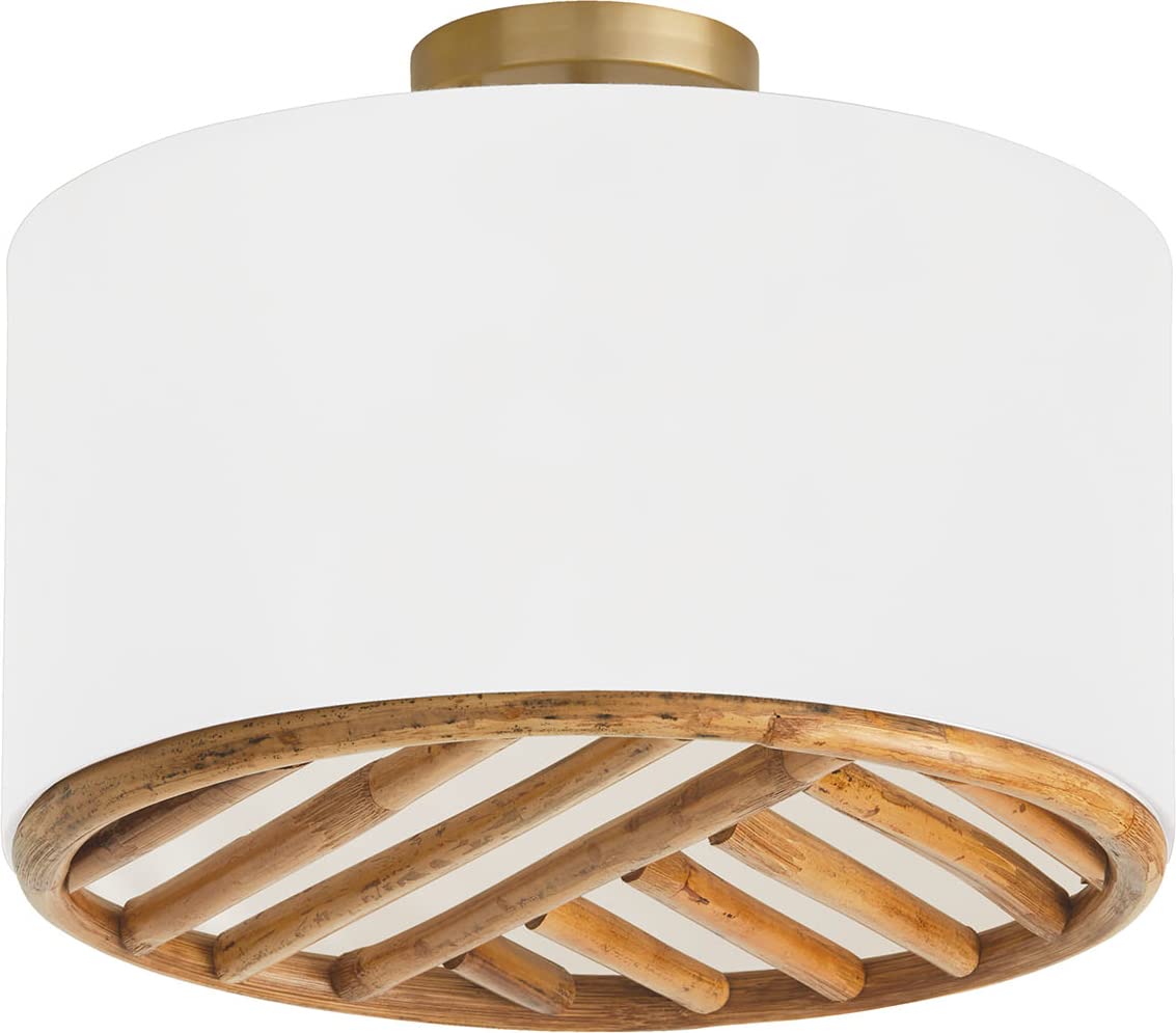 Capital Lighting 247431MA Soleil Modern Hand-Arranged Natural Bamboo and White Fabric Drum Convertible Pendant/Semi Flush, 3-Light 180 Total Watts, 14" H x 17" W, Matte Brass