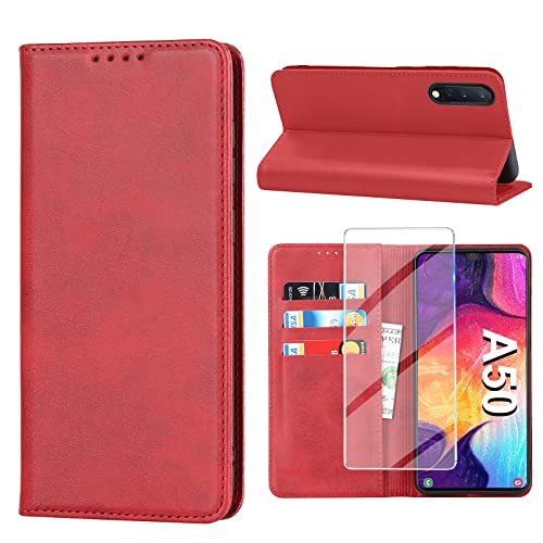 Coque Samsung Galaxy A50 antichoc, étui portefeuille rouge et film écran verre blindé