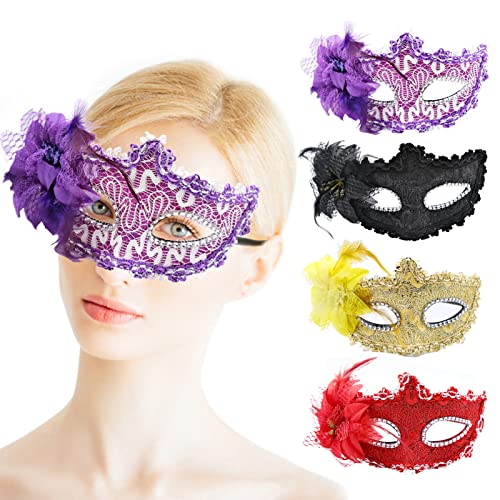 JJQHYC 4 Pièces Masque Vénitien pour le Carnaval Halloween Masques de Bal Sexy Masqué pour Femme Masque de Mascarade Déguisement Masque en Dentelle Cover