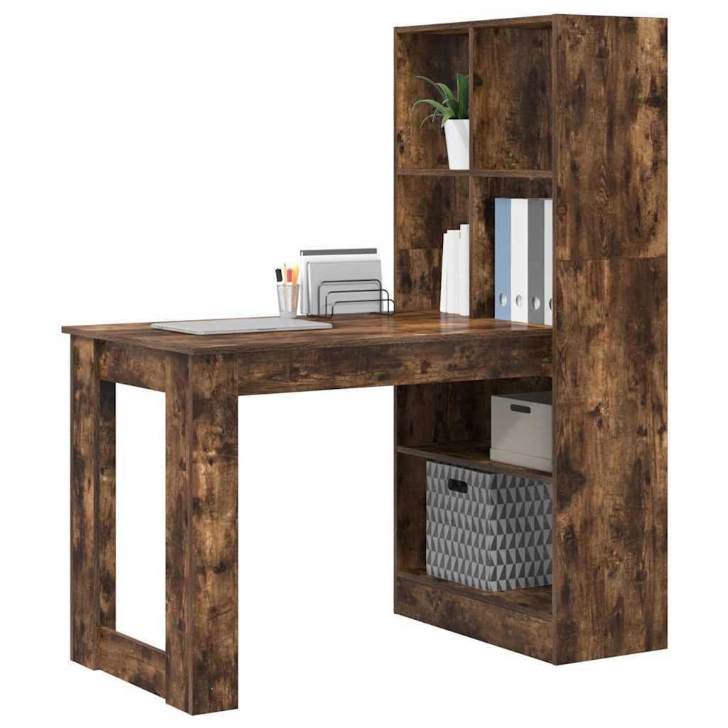 Scrivania in rovere affumicato, 122 x 67 x 145 cm, con ripiani, tavolo da lavoro per ufficio, casa, camera dei ragazzi, ideale come scrivania per computer, segretario, postazione di lavoro per