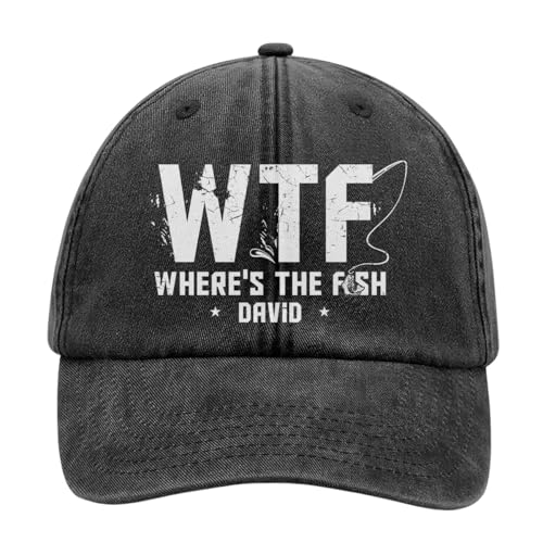 WTF Where's The Fish - Personalized Vintage Washed Denim Cap, Fishing Adjustable Baseball Cap, Hat Gift for Men Women Grandpa Dad Fishin Lover Fisherman, Funny Fishing Hat for Men