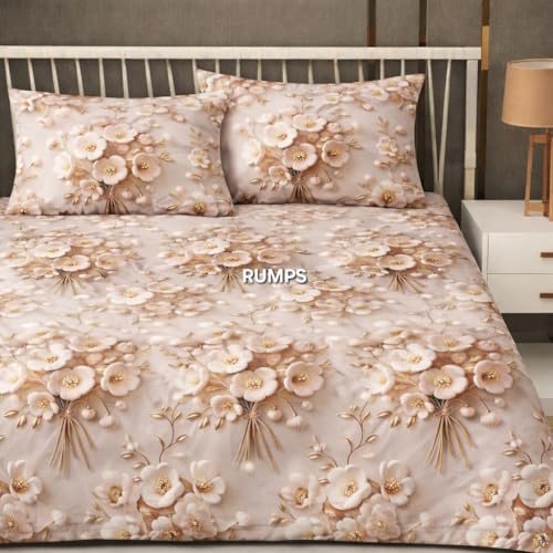 Image of RUMPS 380 TC Premium Heavy Cotton 7D Print Fast Colour Feel Elastic Fitted Floral Bedsheet King Size with 2 Pillow Covers || (new Pink, Fitted Queen-60x78)