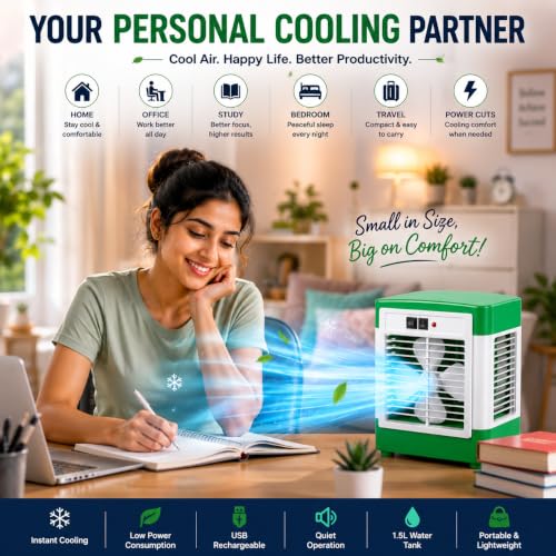 Image of DRUMSTONE ( 2026 Brings 5 Years WARRANTY ) Mini Air Cooler Rechargeable Portable Cooling Fan for Home Office Study Room, 1.5L Water Tank, USB Charging, Energy Saving Personal Cooler