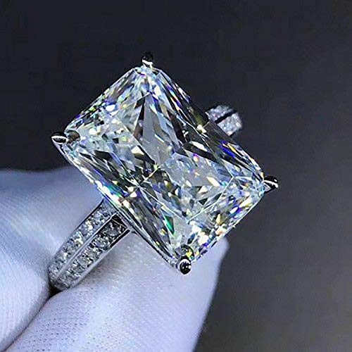 White Gold Plated Silver Engagement Wedding Ring with Large Carat Emerald Cut Cubic Zirconia CZ Oversized 6 Carat 3A Zircon Engagement Cushion Cut Halo Engagement Ring Size 7
