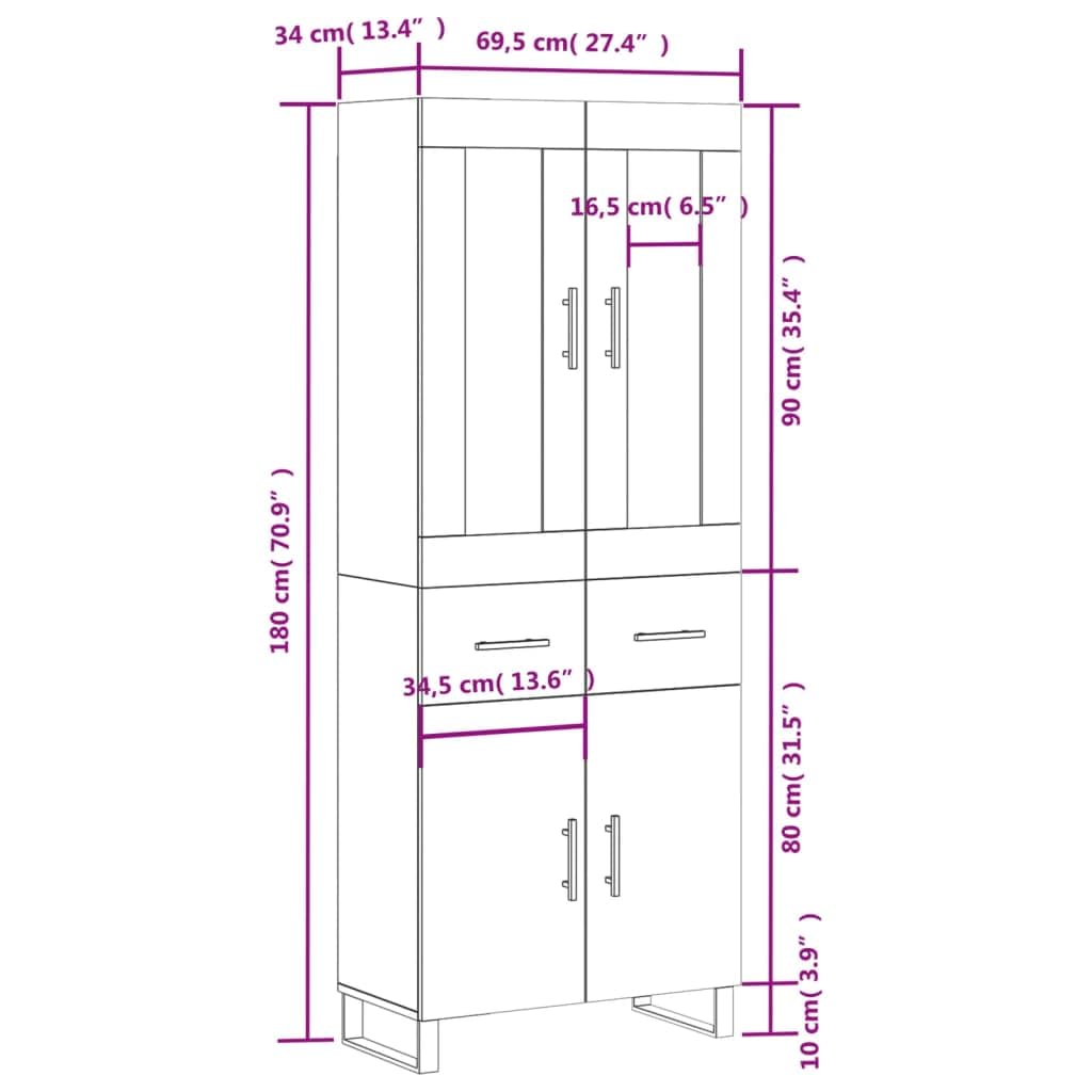 Armadietto alto, bianco, 69,5 x 34 x 180 cm, in legno con piedini in metallo, per soggiorno, corridoio e sala da pranzo, vano portaoggetti, pratiche porte, cassettiera stabile, adatto come