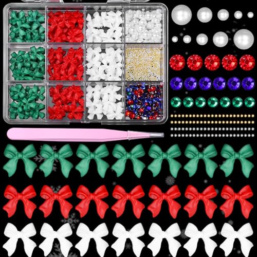 3D Bows Nail Art Charms, Christmas Bowknots Acrylic, Bow Tie White Red Green Flatback Pearl AB Glass Gems for Nail Art Decor Accessories DIY