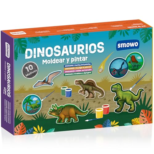 Smowo® 10 Figuras de Dinosaurios de escayola para moldear y Pintar - Juego de Manualidades de Dinosaurios de escayola Que Incluye una enciclopedia para niños creativos
