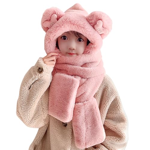 Kid Animal Hooded Scarf Girl Winter Trapper Hat with Earflap 3 in 1 Cute Bear Rabbit Beanie Children Plush Pocket Glove Set