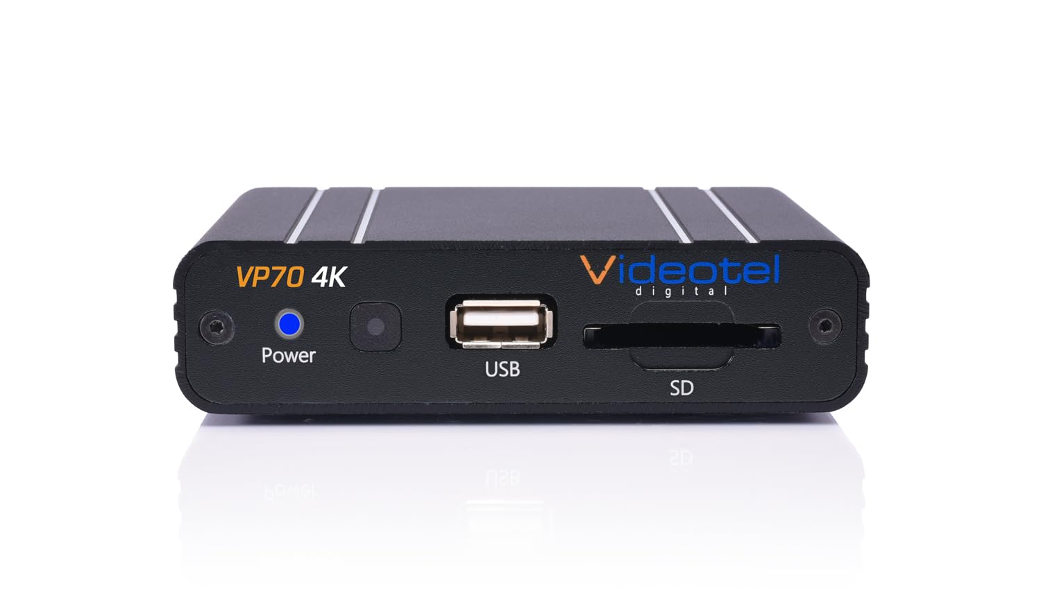 VP70 4K Videotel Digital Industrial Grade Auto Looping Digital Signage Media Player für robuste Nutzung. Automatisches Einschalten, automatische Wiedergabe und automatische nahtlose Loops Videodateien
