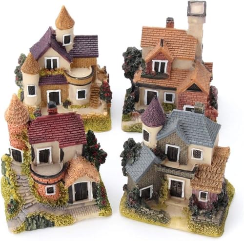 Smowfes 4-Piece Enchanted Fairy Garden Houses Set - Miniature Resin Tiny Homes with Hand-Painted Details for Bonsai/Terrarium/Mini Landscape Decor, Waterproof Outdoor Fairy House Accessories