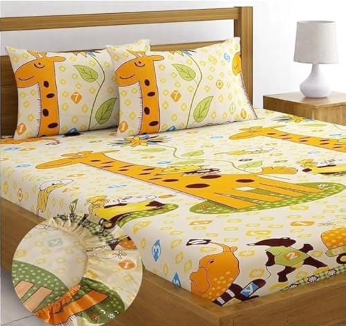 Image of New Town Cotton Feel Glace Cotton Elastic Fitted Printed Queen Size Double Bed Bedsheet with Matchig 2 Pillow Covers Fits Upto 8 Inches Mattress Size Safari 1103