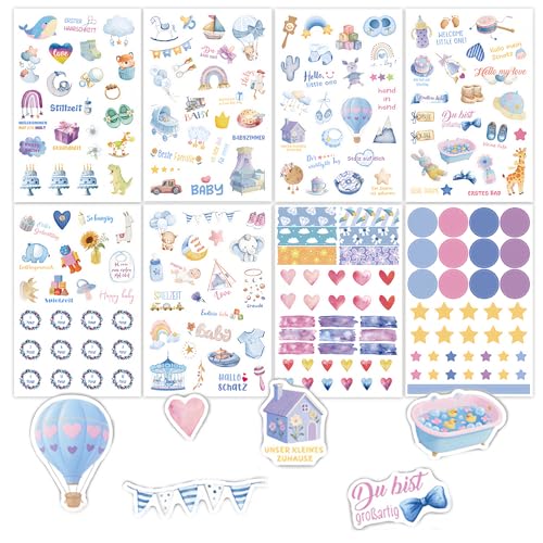 Goiern Juego de Pegatinas para Scrapbooking Baby de 8 Hojas con 211 Adhesivos en Varias Formas y Tamaños para Niños Niñas Diario Decoración Álbum de Fotos Manualidades