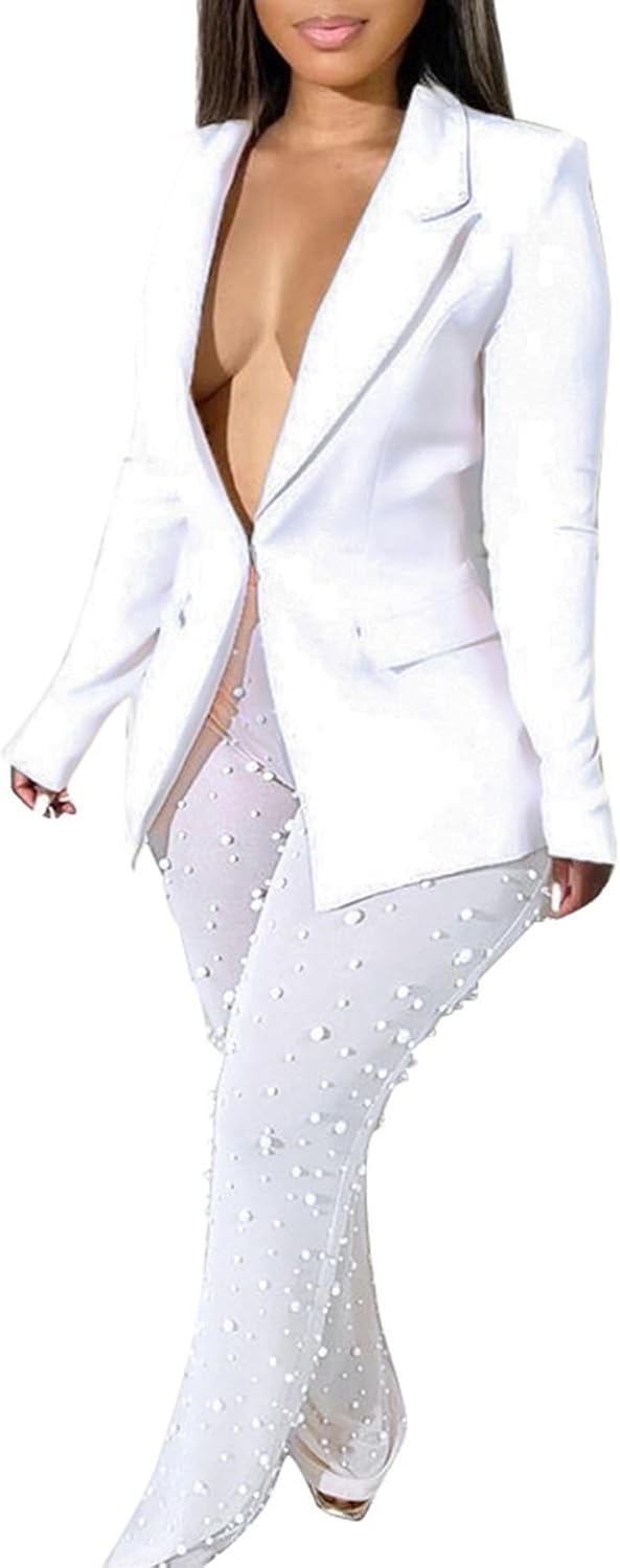 Women's 2 Piece Blazer Suit Set with Pearl Embellished Mesh Sheer Pants, Long Sleeve Party Outfit