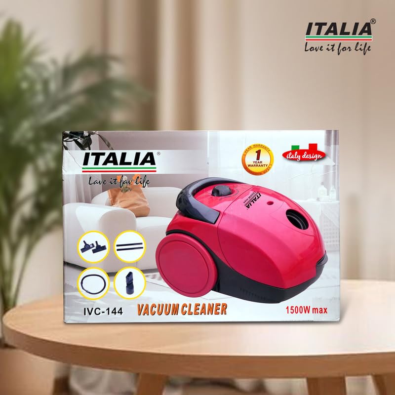 Image of ITALIA 1500W Canister Vacuum Cleaner | 1.5L Reusable Dust Bag & Bag-Full Indicator | Auto Cord Rewind | for Deep Cleaning of Home, Floors & Carpets