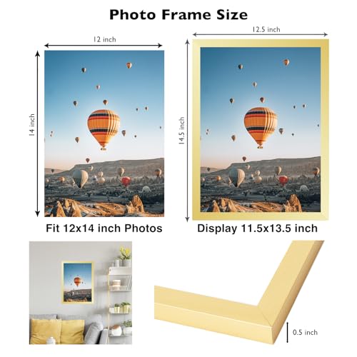 Image of JCJMY 12x14 Picture Frame Gold for Wall Hanging, Wall Mounting Horizontally or Vertically, 12 x 14 Wall Gallery Poster Photo Frames with Durable Shatter Resistant Plexiglass, Gold