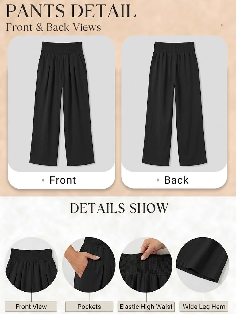 Famulily Pantalon d'été de couleur unie pour femme, coupe ample, décontracté, en lin, jambes larges avec poches, tailles S à 2XL