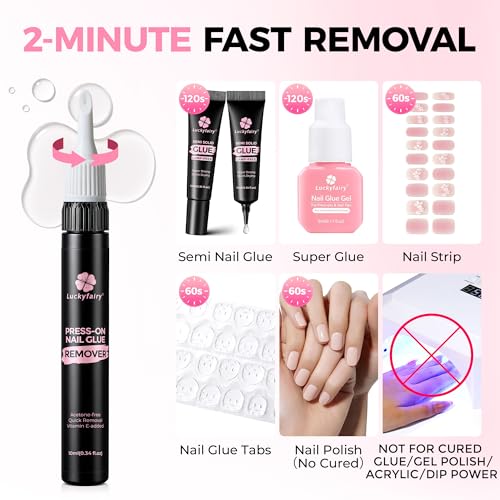 Image of Luckyfairy Nail Glue Remover Pen 10ml*2Pcs | Tool-Free Press on Nail Glue Remover, Easy Removal Fasle Fake Nails Tips Design, Non Acetone Gentle Formula