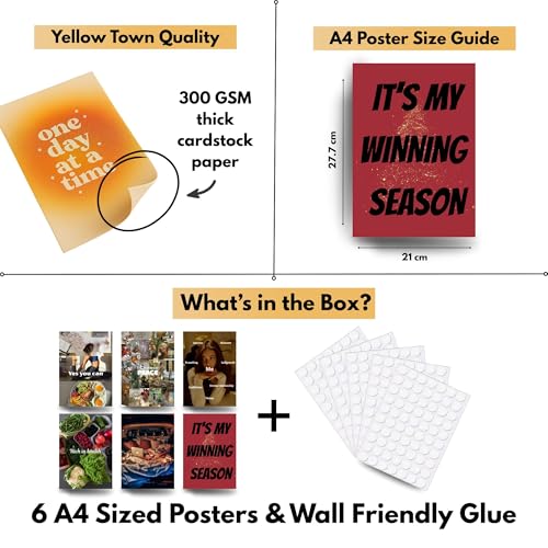 Image of Yellow Town India Winning Season Vision Board Poster Set | 6 A4 Motivational Self-Growth & Lifestyle Posters + Wall Friendly Glue Sheet | Goal & Manifestation Wall Decor
