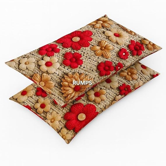 Image of RUMPS 380 TC Premium Heavy Cotton 7D Print Fast Colour Feel Elastic Fitted Floral Bedsheet King Size with 2 Pillow Covers || (red Coffer, Fitted Queen-60x78)