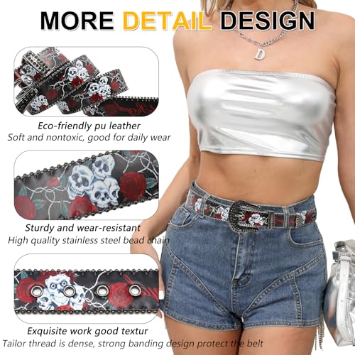 Skull Rhinestone Belt Western Belts for Men Women Y2k Goth Emo Skull Sequin Belt Cowgirl Cowboy Belt4