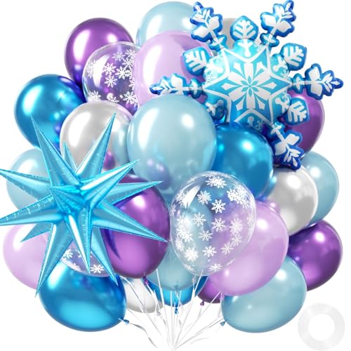 52pcs Frozen Balloons 12inch Pearl Metallic Blue Purple Silver Snowflake Foil Confetti Balloons for Frozen Baby Shower Birthday Party Decorations