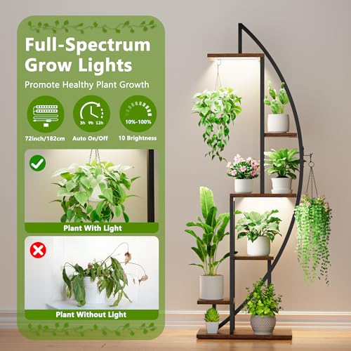 Plant Stand Indoor with Grow Lights, 6 Tiered Tall Plant Shelf, 63" Metal Plant Stand for Indoor Plants Multiple, Half-Moon Plant Rack Display Shelf, 2 Pcs Plant Holder for Living Room, Patio