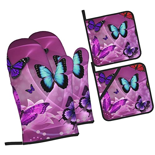 Purple Butterflies Printed Oven Mitts And Pot Holders Set Of 4 Heat Resistant Non-Slip Waterproof Oven Gloves For Grilling Bbq Cooking Baking Kitchen Microwave Pizza #TOP1