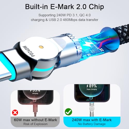 Image of Verilux 240W Type C to Type C Cable Fast Charging with LED, 9.8Ft 180 Degree Flexible USB C Cable with 480Mbps Data Transmission for iPhone 17 /17 Pro /17 Pro Max /16 /15 Series, Galaxy S25 /S24, MacBook
