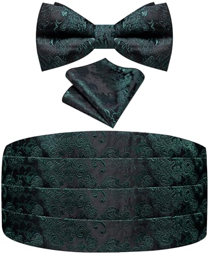 Image of Paisley Floral Tuxedo Cummerbund Bow Tie Pocket Square Set for Men