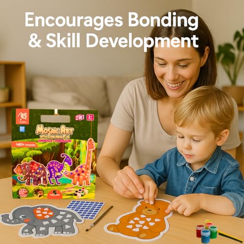 Image of Storio Mosaic Art & Craft Kit for Kids with Colouring Fun | Mirror Mosaic DIY Set with Animals & Dinosaurs Theme | Creative Craft Activity for Girls Age 4-8 | Mess-Free, Fun & Educational Gift