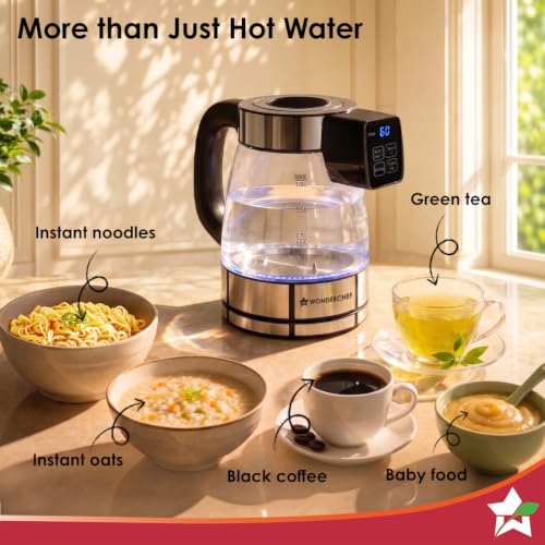 Image of Wonderchef Crystal Tap & Flow Glass Kettle & Hot Water Dispenser, 1.7 L Borosilicate Glass Jar, Built-in Battery, Temperature Sensor & Control, Multi-purpose, Portable inside Homes, 1-Yr Warranty