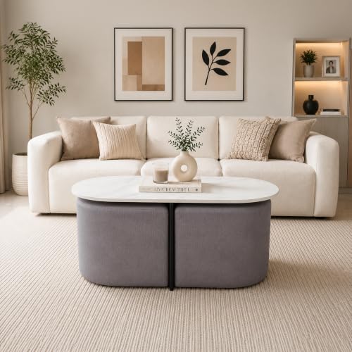 Image of The Attic Norwood Coffee Table, Coffee Table for Living Room, Coffee Table with 2 stools Solid Wood Centre Table with Ceramic Top, Black Finish