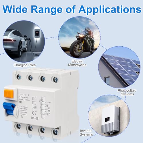 Kocusu FI schutzschalter Typ B, 4-Polig 63A 30mA FI Typ B, DC 6mA Allstromsensitiver FI Typ B FI Schutzschalter Allstromsensitiv, mit Automatischer Sicherung für Wallboxen, Ladesäule, Wechselrichter