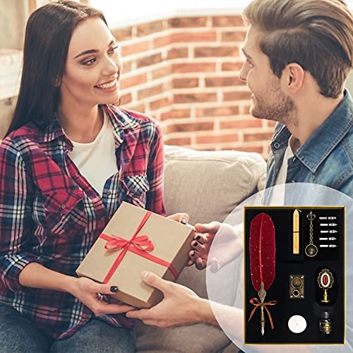Quill Pen And Ink Set, Anglekai Calligraphy Feather Pen Set With Wax Seal Stamp│Ink│Wax Seal Sticks│Replacement Nibs│Spoon│Envelope Letter Paper│White Wax, Best Gift For Birthday (Red) #TOP6