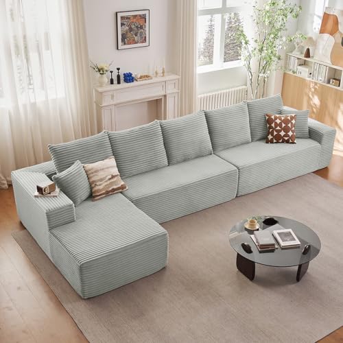 Image of 166.9 inch Cloud Sectional Couch with L-Shape Chaise, Modern Modular Comfy Sofa Chaise Longue, Upholstered Corduroy Couches Sleeper with Deep Seat for Living Room Bedroom, No Assembly Required, Grey