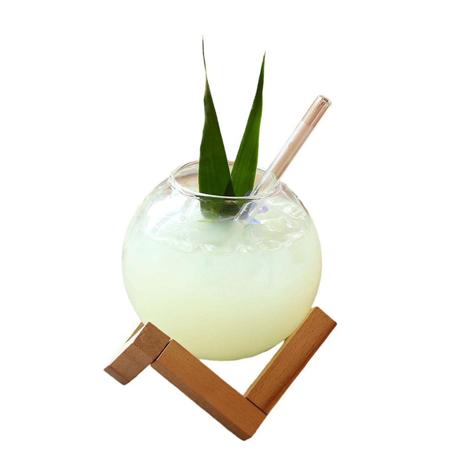 CRFFZ Drinking Juices Cups Cocktails Glass Cup with Wood Stand Creative Spherical Glass Clear Mug Drink Mug Glassware Juices Tumblers