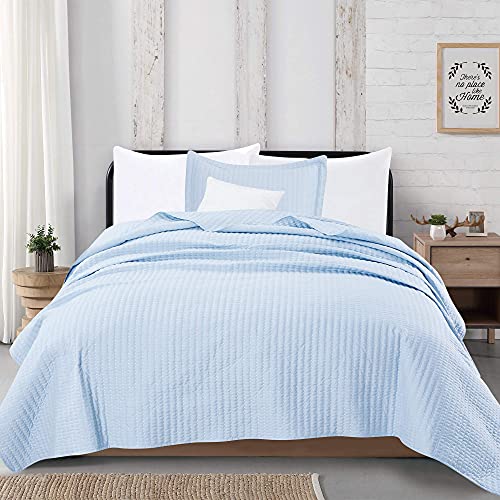Great Bay Home 2Piece Detailed Channel Stitch Quilt Set with Shams. Baby Blue Twin Quilt Set