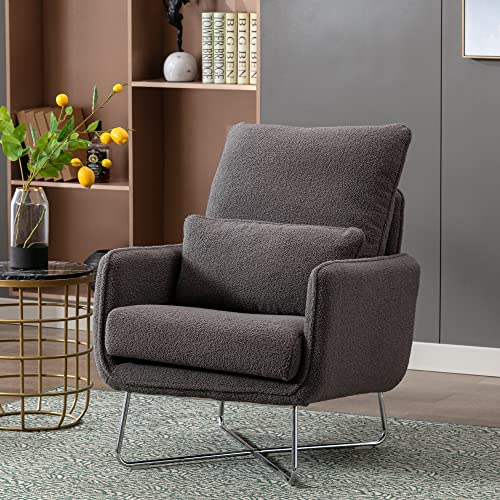 Merax Modern Mid Century Living Room Chair With Lumbar Cushion Cozy Teddy Bedroom Armchair For Adults Teens Easy Assemble Gray, 1 Pack, Grey #TOP5