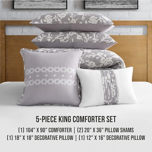 Lucky Brand Fiora Floral Grey Comforter Set with Pillows- King Size - 5 Piece Luxurious Bedding Ensemble
