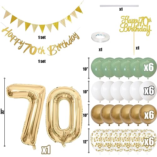 Image of Sage Green White Gold 70th Birthday Balloons with Happy 70th Banner, Cake Decoration Number 70 Balloon for 70 Year Old Party Decor