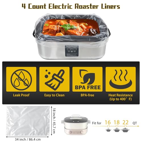 Image of Electric Roaster Liners 34 x 18 Inch, 4 Count Roaster Liners Disposable Fit 16, 18, 22 Quart Roasters, Roasting Oven Liners Cooking Bags for Immediate Cleanup