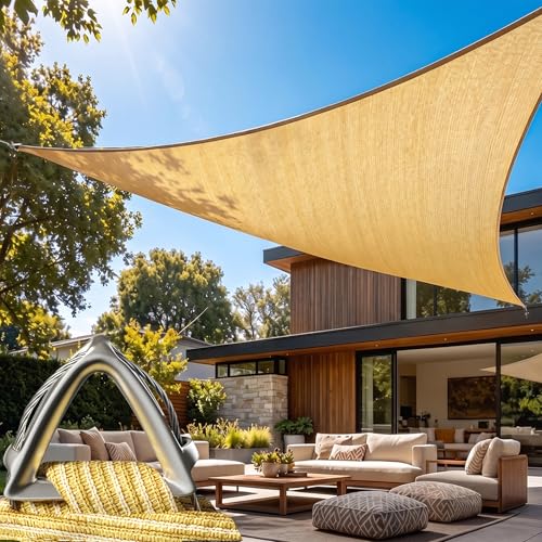 Amgo Heavy Duty 26' x 26' x 26' Beige Sun Shade Triangle Pro Ring Shade Sail, 260 GSM Commercial Grade UPF50 Sunshade, Reinforced Corners & Edges - 5 Years Warranty (We Make Custom Size)